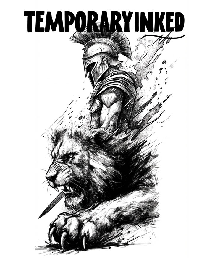 Black and white illustration of a warrior on a lion with 'Temporary Inked' text above.