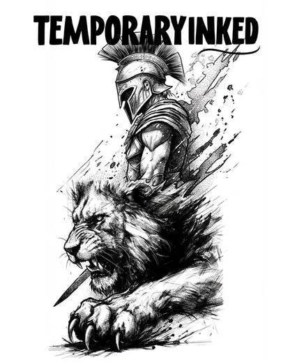 Black and white illustration of a warrior on a lion with 'Temporary Inked' text above.